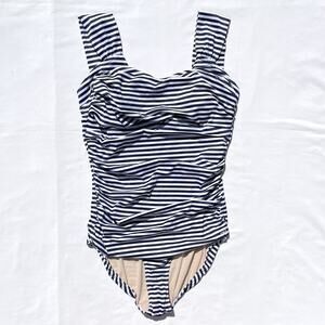 Albion Wide Strap One Piece Swimsuit Womens XXL Navy Blue White Striped Ruched